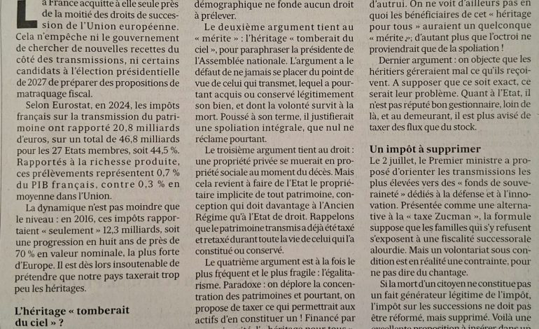  Impôt sur les successions : « Le pays qui taxe le plus cherche encore à prélever davantage ! »